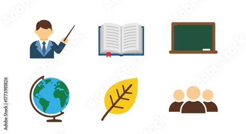 Educational icons set featuring teacher, book, blackboard, globe, leaf, and group