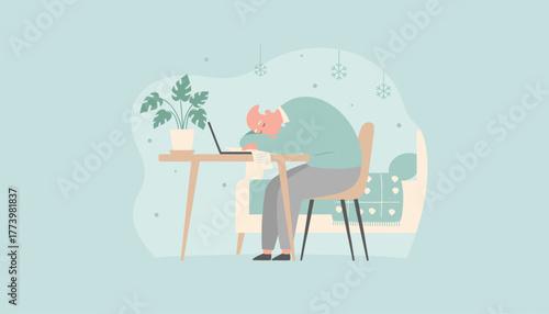 Tired elderly man asleep at his desk with a laptop reflecting work burnout or fatigue