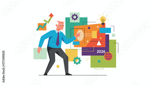 Senior businessman plans future business strategy using data visualization and innovation