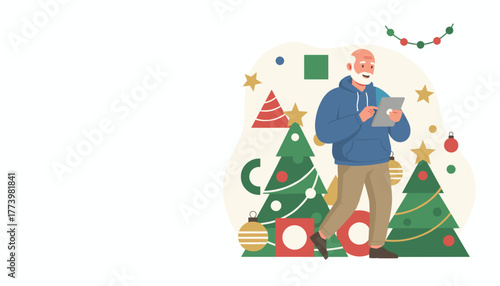 Smiling senior man shops online using a tablet surrounded by festive Christmas decorations