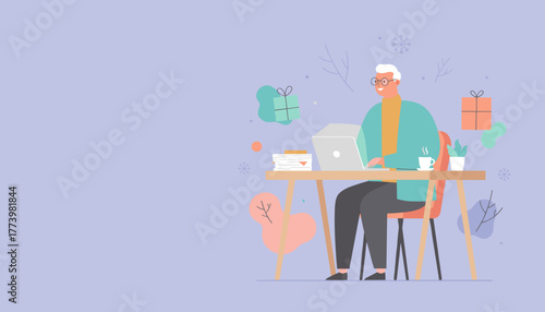 Senior man working or online shopping on a laptop during the cozy winter holiday season