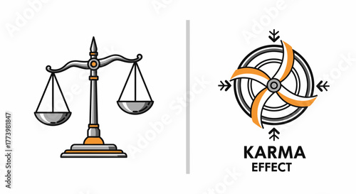 Conceptual vector illustration of karma, universal balance, and cause and effect, featuring a justice scale and a dynamic spiritual emblem