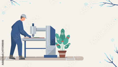 Professional worker operates industrial manufacturing machine in a stylized winter factory setting