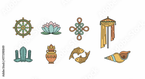Collection of Buddhist symbols and cultural icons representing spirituality and tradition
