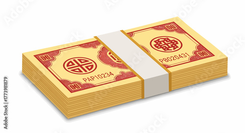 Stack of gold paper money with red Chinese symbols and white band, representing wealth and prosperity