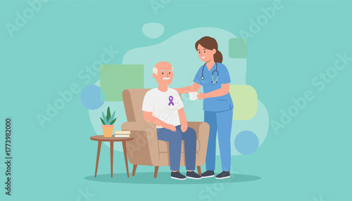 Nurse provides compassionate care to a senior man wearing a purple awareness ribbon symbolizing health support