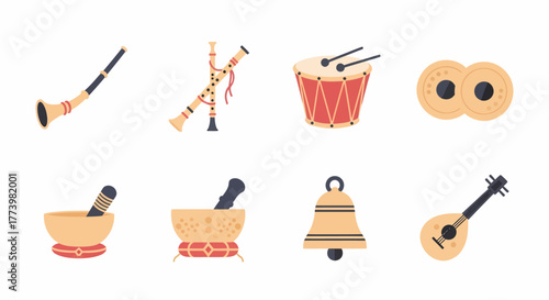 A diverse collection of traditional and ethnic folk music instruments. Flat vector illustrations of shehnai, singing bowls, and drums for cultural projects