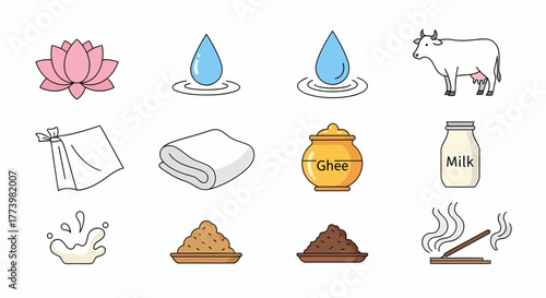 Vector icon set illustrating traditional spiritual and ritual elements. Includes sacred lotus, water, milk, ghee, cow, incense, and cloth for cultural and religious themed designs