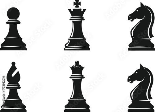 Chess Pieces Black Silhouettes Isolated on White Background for Strategy Game