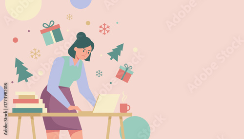 Frustrated employee working during the holidays surrounded by gifts and trees