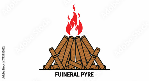 Illustration of a funeral pyre, a pile of wood logs with flames, a symbol of cremation and mourning