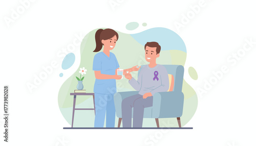 Home care nurse supports smiling senior patient taking medicine for health awareness