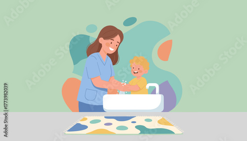 Woman helps happy child wash hands in a sink Hygiene health care and early education illustration
