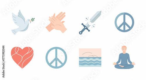 Set of peace and harmony icons dove with olive branch, clapping hands, broken sword, peace symbol, heart, calm sea, and person meditating