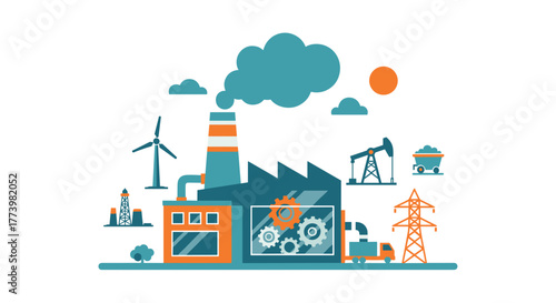 Industrial ecosystem illustration factory pollution renewable energy and fossil fuel sources