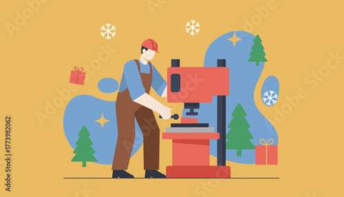 Manufacturing concept worker creating holiday presents using heavy machinery