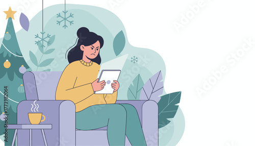 Angry woman uses tablet near Christmas tree Frustrated holiday tech usage or stressful online shopping