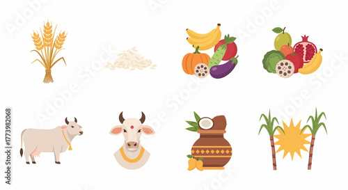 Thai Pongal Festival Vector Illustration with Wheat, Vegetables, and a Cow