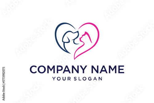 Line Art Dog and Cat Profiles in Heart Shape Logo Design for Pet Care