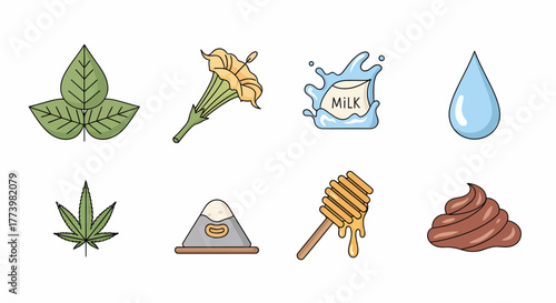Collection of Natural Icons Leaves, Flowers, Milk Splash, Water Drop, Cannabis, and More