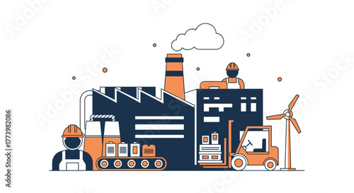 Manufacturing industry concept illustration with factory workers conveyor belt and sustainable energy