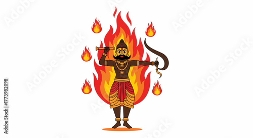 Vibrant illustration of a mighty divine warrior enveloped in sacred flames, holding ancient weapons, embodying immense strength and powerful mythological iconography