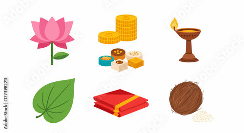 Set of traditional Hindu religious festival symbols and worship offering items