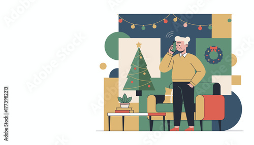 Senior using smartphone to call during Christmas holiday Flat illustration of festive home communication