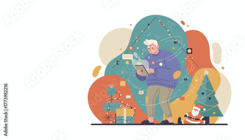 Stressed man scrolling social media during Christmas feeling holiday digital overload and anxiety