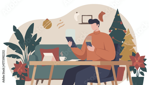 Man multitasking with tablet and phone while working remotely from a festive home office