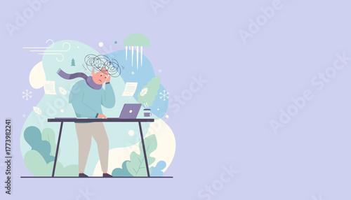 Stressed worker battling cold and complex tasks with chaotic thoughts and mental fatigue Copy space