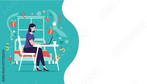 Woman working remotely on a laptop amidst Christmas decorations Festive home office template