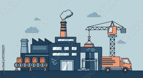 Industrial factory complex illustration featuring manufacturing construction logistics and production line