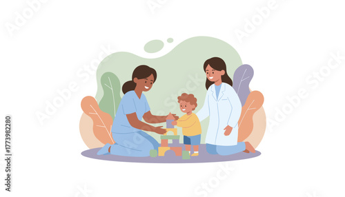 Pediatric therapy medical staff and child building blocks for development and rehabilitation
