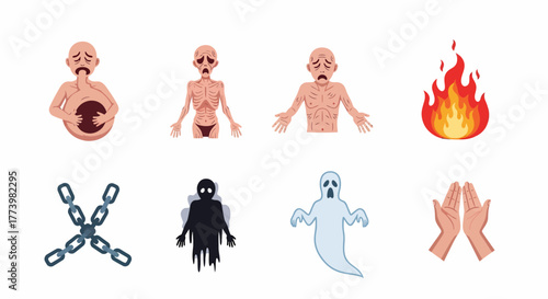 Vector icon set illustrating concepts of hell, sin, and supernatural torment. Includes icons of hunger, disease, ghosts, chains, and fire, in a flat design style