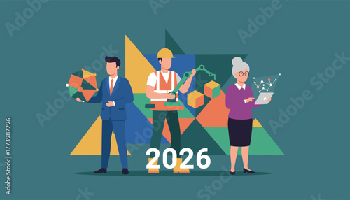 Diverse professionals planning the future of industry and business using technology in 2026