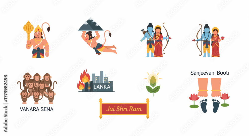 Naklejka premium Hindu Epics Characters and Symbols Flat Vector Set