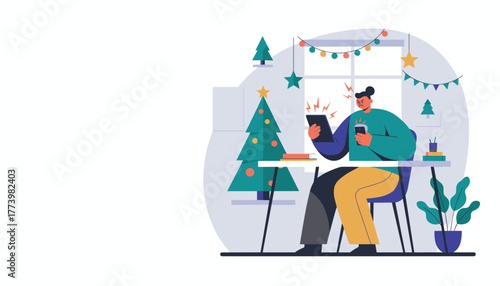 Angry person dealing with tech problems at a decorated desk during the Christmas season