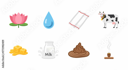 Assortment of Icons Lotus, Water Drop, Towel, Cow, Butter, Milk, Dung, and Incense for Design