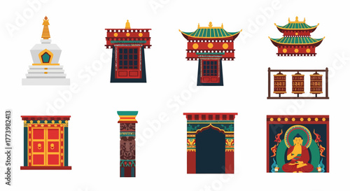Collection of Tibetan Architecture Elements Stupas, Temples, Doors, and Buddha Illustrations