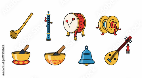Traditional Musical Instruments of Asia Vector Illustration