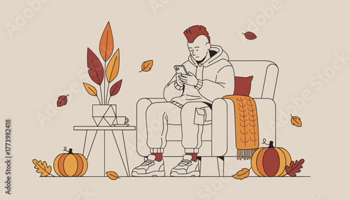 Cozy autumn comfort Young man scrolling on smartphone in armchair surrounded by fall decor