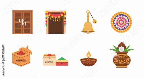 Collection of colorful flat icons representing traditional Hindu puja items for Diwali and other Indian festival celebrations