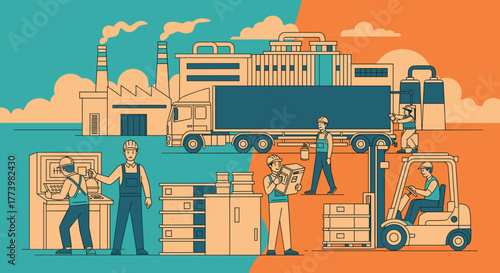 Manufacturing and logistics workflow illustration with factory workers truck and forklift