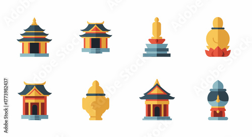 Collection of Asian Buildings Pagodas, Temples, and Cultural Structures in Vector Design