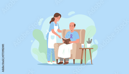 Professional caregiver assists man reading symbolizing home care patient support and health awareness