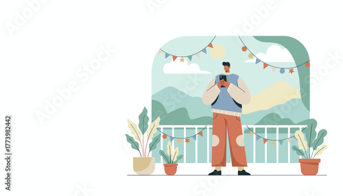 Man using smartphone on a decorated balcony with a mountain view Travel communication and leisure