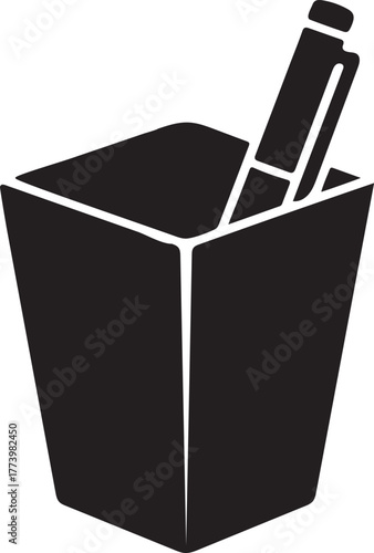 Black Silhouette of a Pencil Holder with a Pen Inside on a White Background container desk