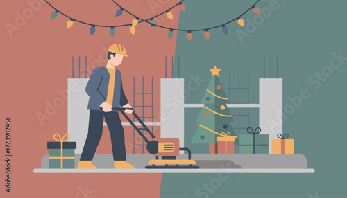 Construction worker polishing floor next to a Christmas tree and gifts Holiday work deadlines