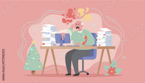 Overwhelmed businessman struggling with huge paperwork piles and holiday work stress